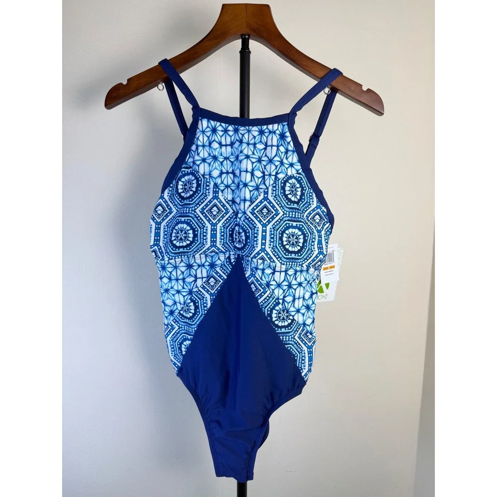 NEXT Women Spice Market Contour One Piece Swimsuit Beach‎ Summer Blue Geom Small
